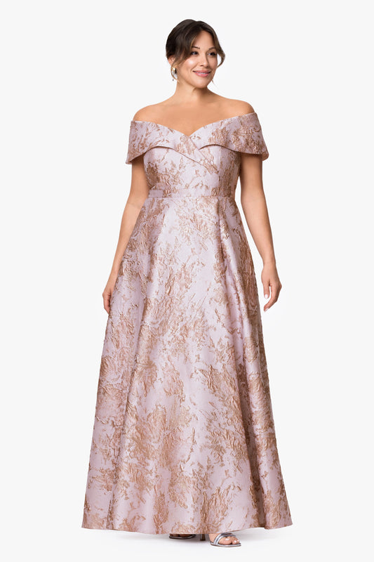 XSCAPE Plus "Daphne" Brocade Off Shoulder Dress