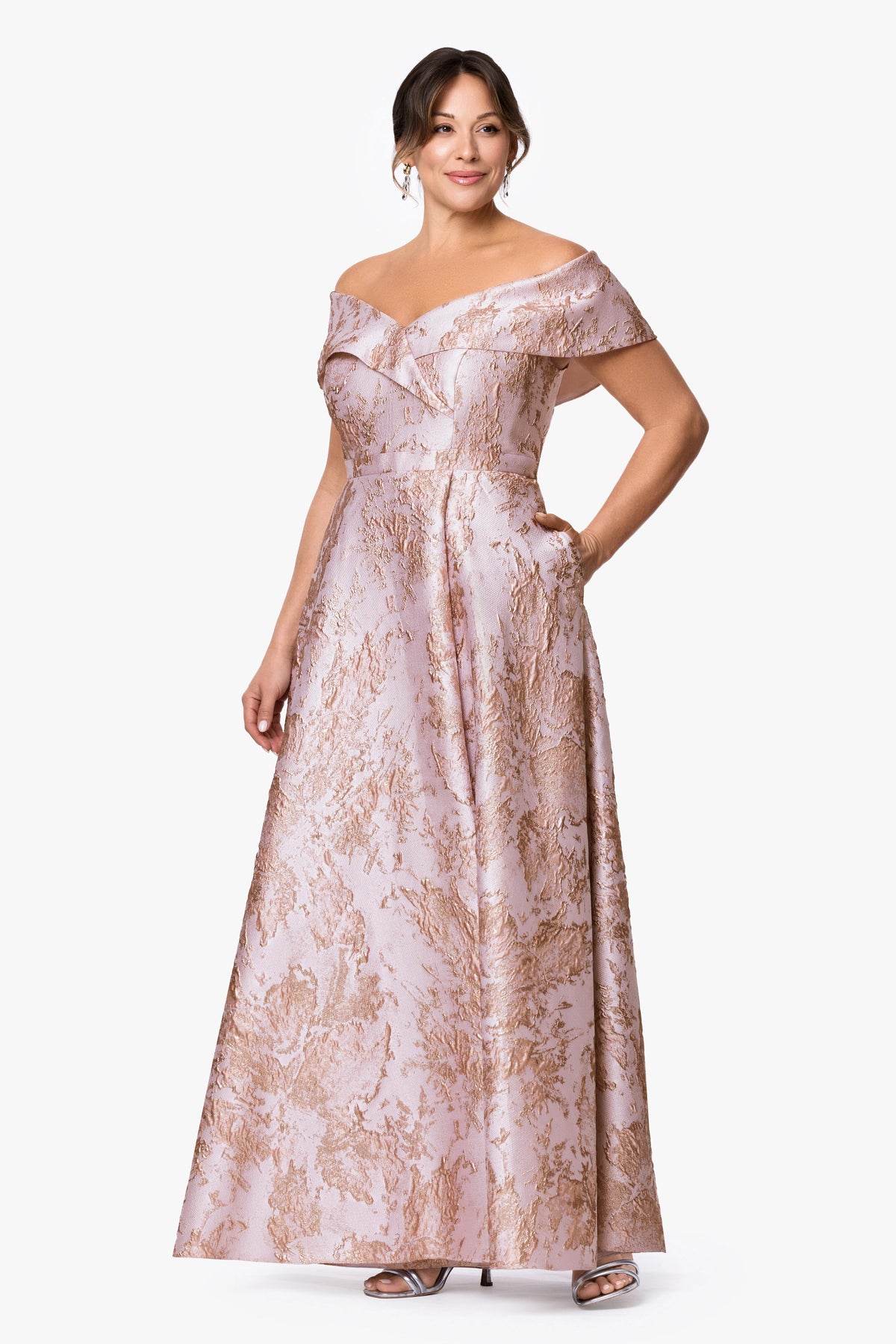 XSCAPE Plus "Daphne" Brocade Off Shoulder Dress