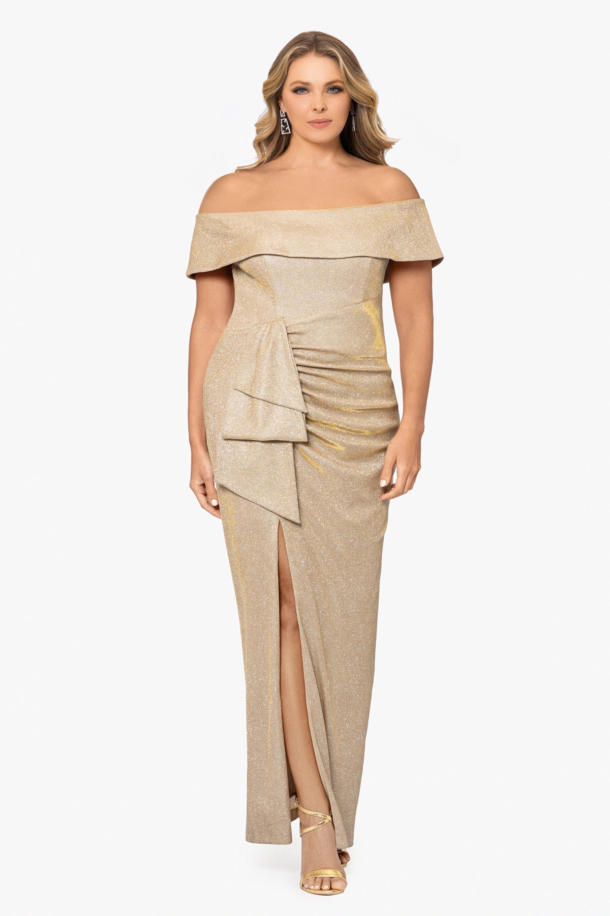 XSCAPE Plus "Tessa" Glitter Off the Shoulder Ruffle Dress
