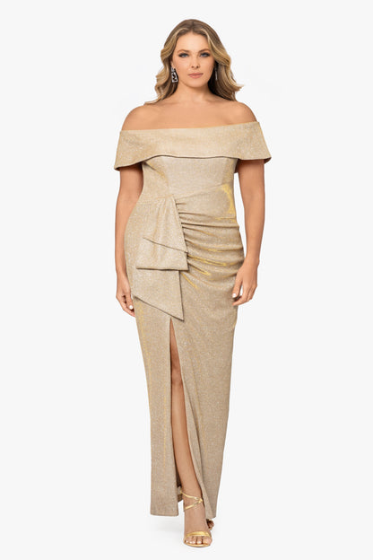 XSCAPE Plus "Tessa" Glitter Off the Shoulder Ruffle Dress