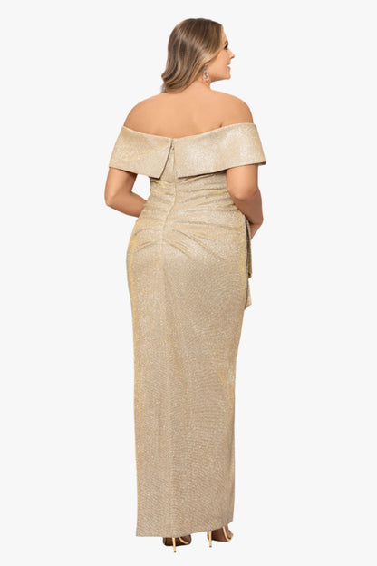 XSCAPE Plus "Tessa" Glitter Off the Shoulder Ruffle Dress