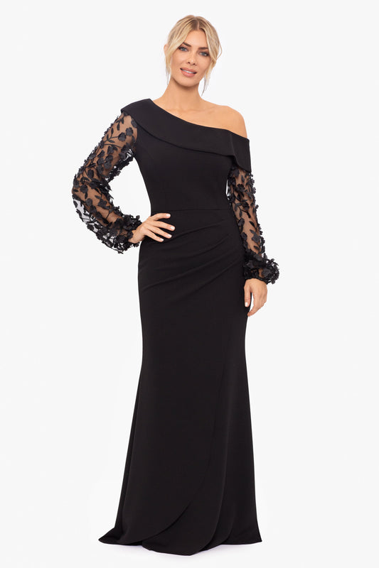 XSCAPE Petite "Ariana" Off the Shoulder Long Sleeve Scuba Crepe Dress