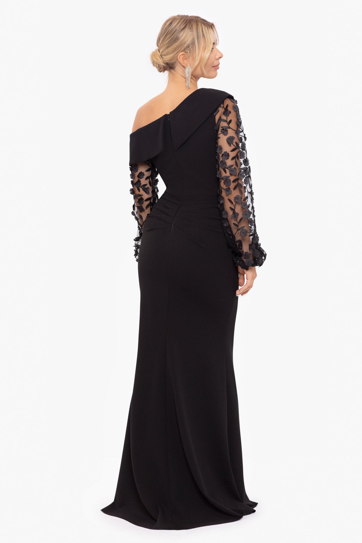 XSCAPE Petite "Ariana" Off the Shoulder Long Sleeve Scuba Crepe Dress