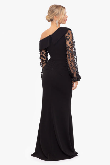 XSCAPE Petite "Ariana" Off the Shoulder Long Sleeve Scuba Crepe Dress