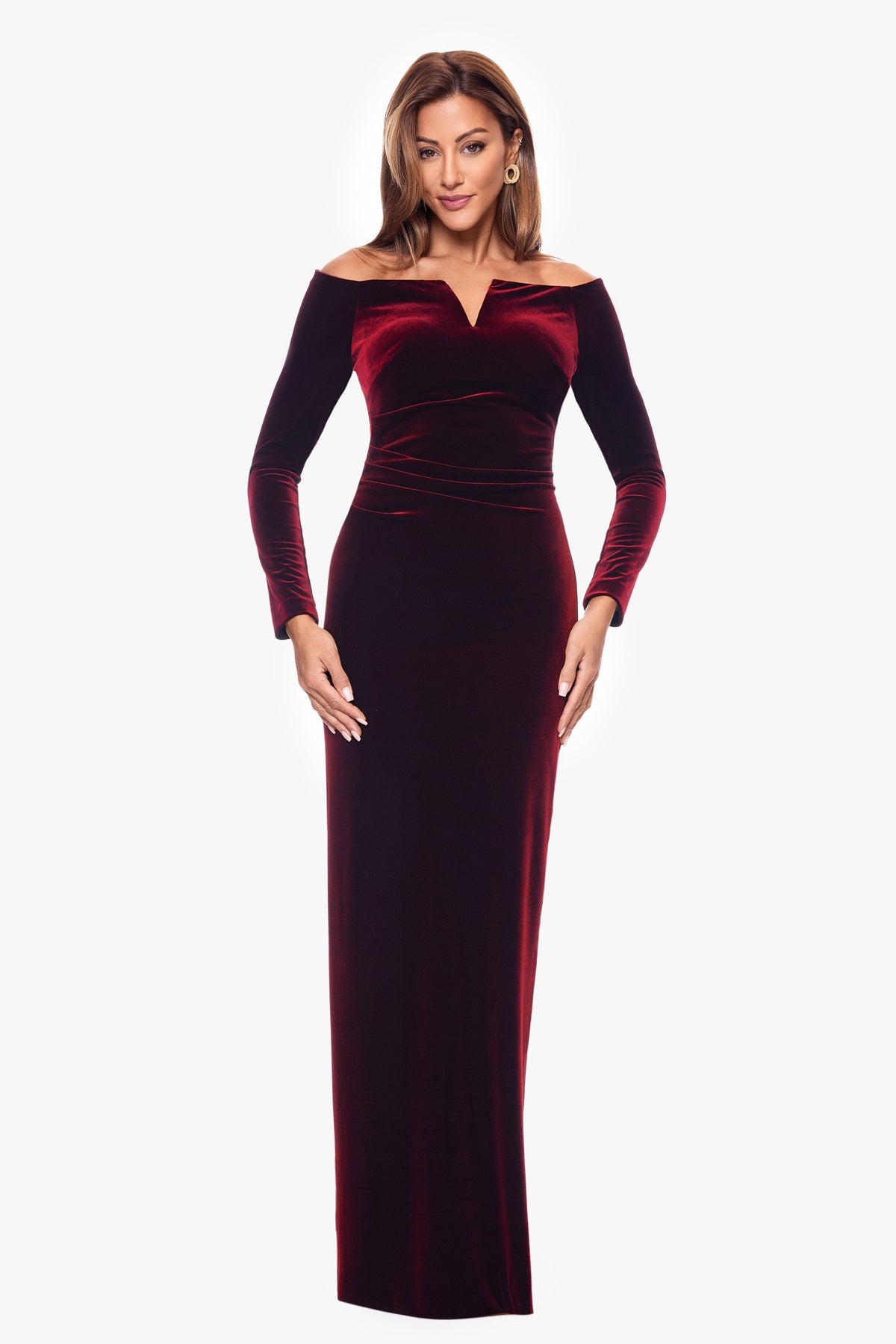 XSCAPE Petite "Christy" Off the Shoulder Velvet Dress