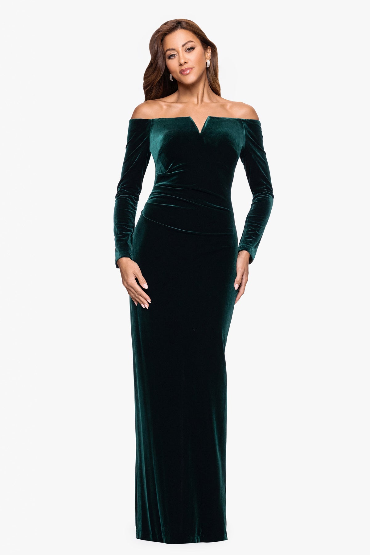 XSCAPE Petite "Christy" Off the Shoulder Velvet Dress