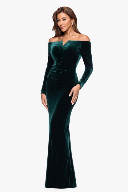 XSCAPE Petite "Christy" Off the Shoulder Velvet Dress