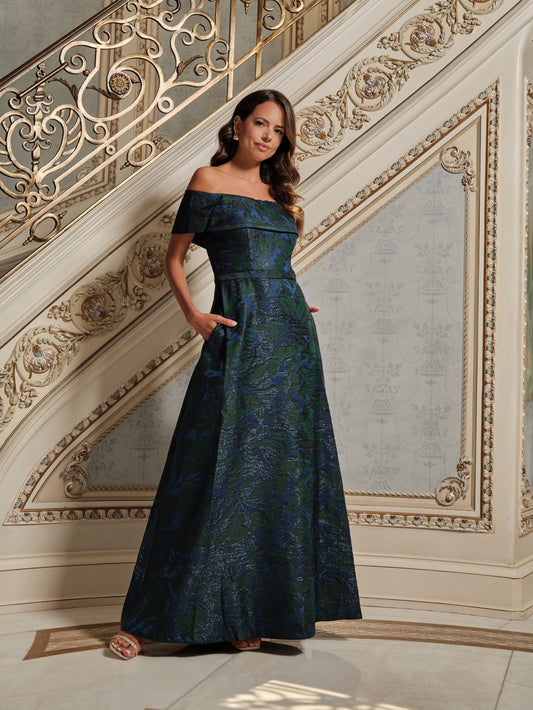 XSCAPE Petite "June" Jacquard Off The Shoulder Dress