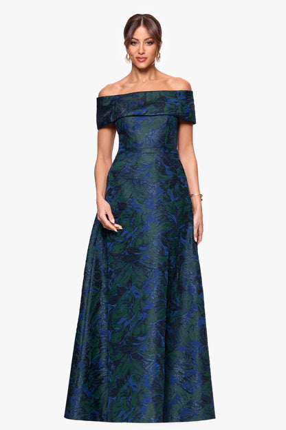 XSCAPE Petite "June" Jacquard Off The Shoulder Dress