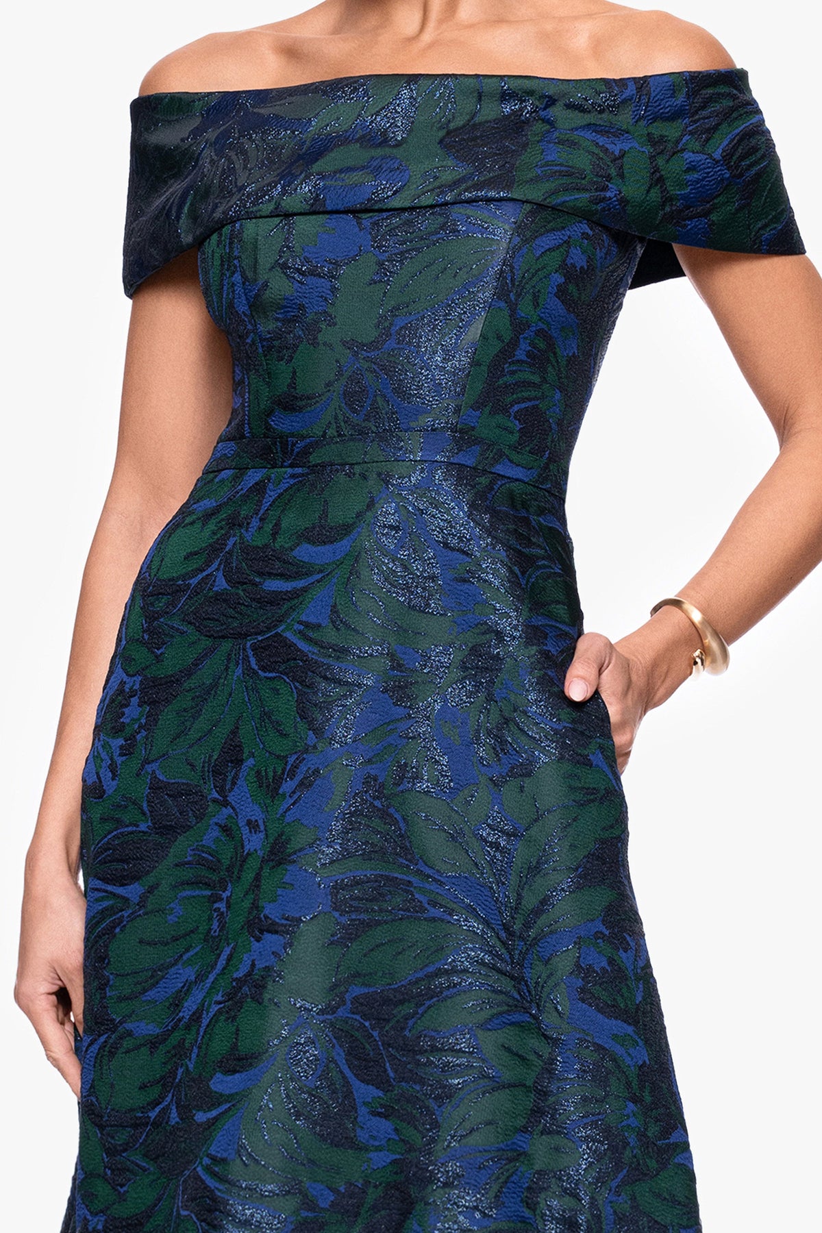 XSCAPE Petite "June" Jacquard Off The Shoulder Dress