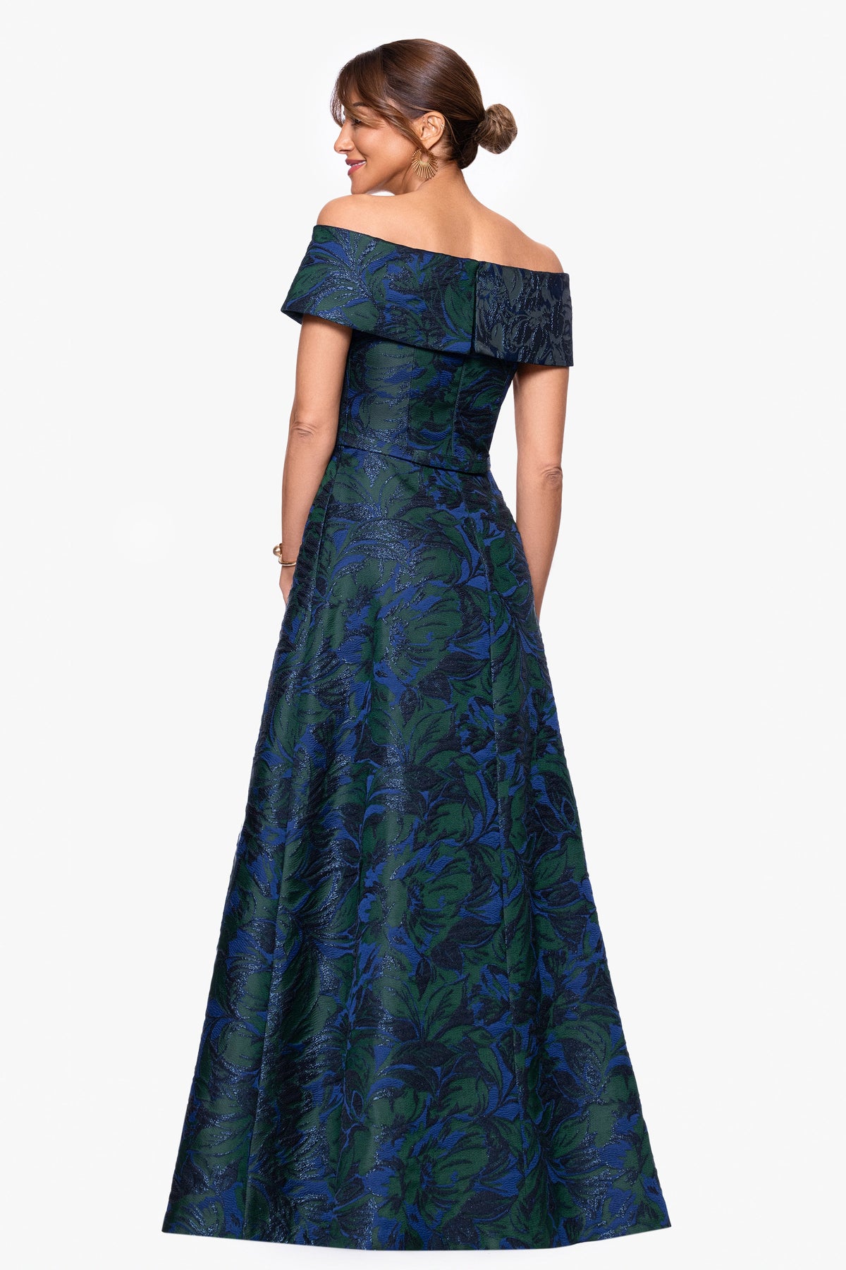 XSCAPE Petite "June" Jacquard Off The Shoulder Dress