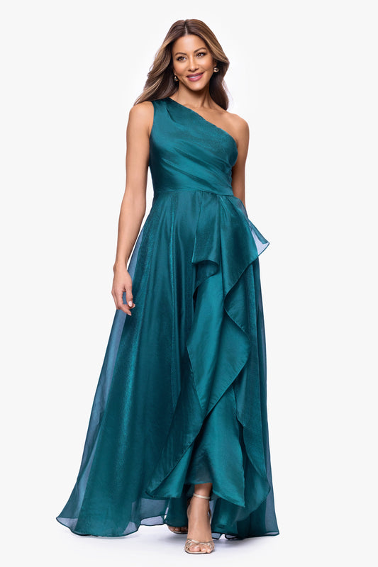 XSCAPE Petite "Samantha" Organza One Shoulder Ruffle Dress