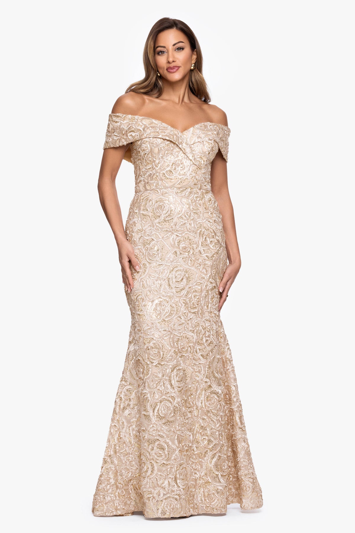 XSCAPE Petite "Georgia" Soutache Off The Shoulder Gown