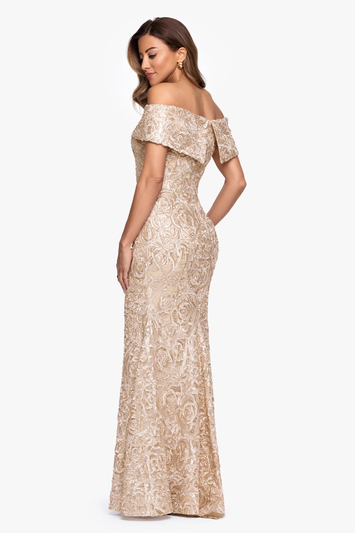 XSCAPE Petite "Georgia" Soutache Off The Shoulder Gown
