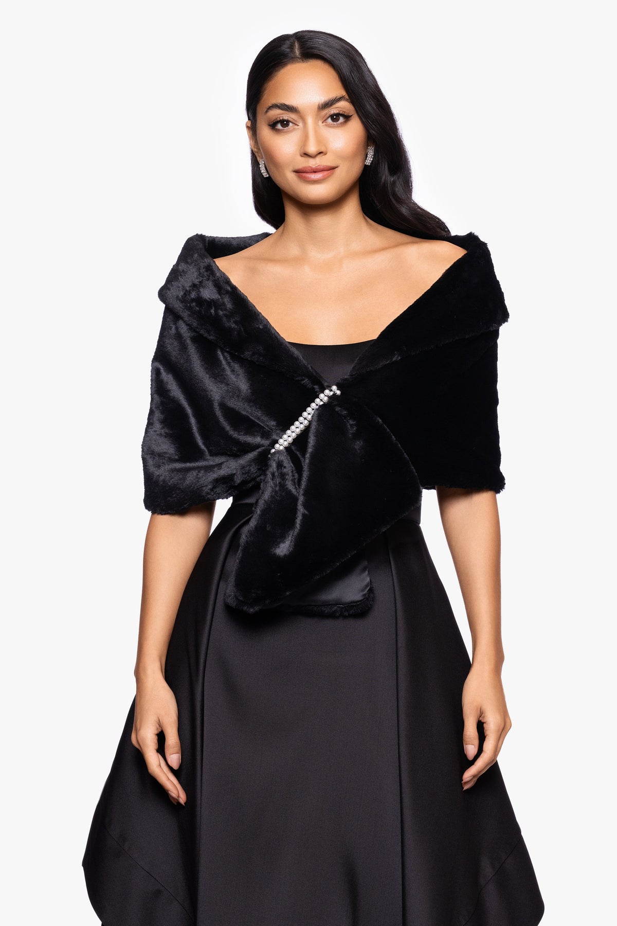 XSCAPE "Betty" Faux Fur Pearl Trim Shawl Wrap