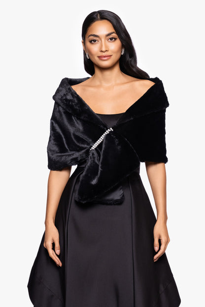 XSCAPE "Betty" Faux Fur Pearl Trim Shawl Wrap