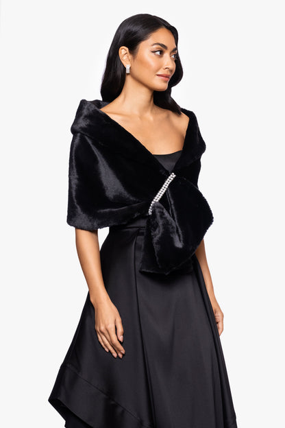 XSCAPE "Betty" Faux Fur Pearl Trim Shawl Wrap